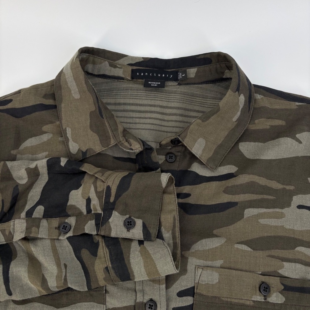 Sanctuary Womens Camo Boyfriend Shirt Green Cotton Rayon Button Down B0769-WC182